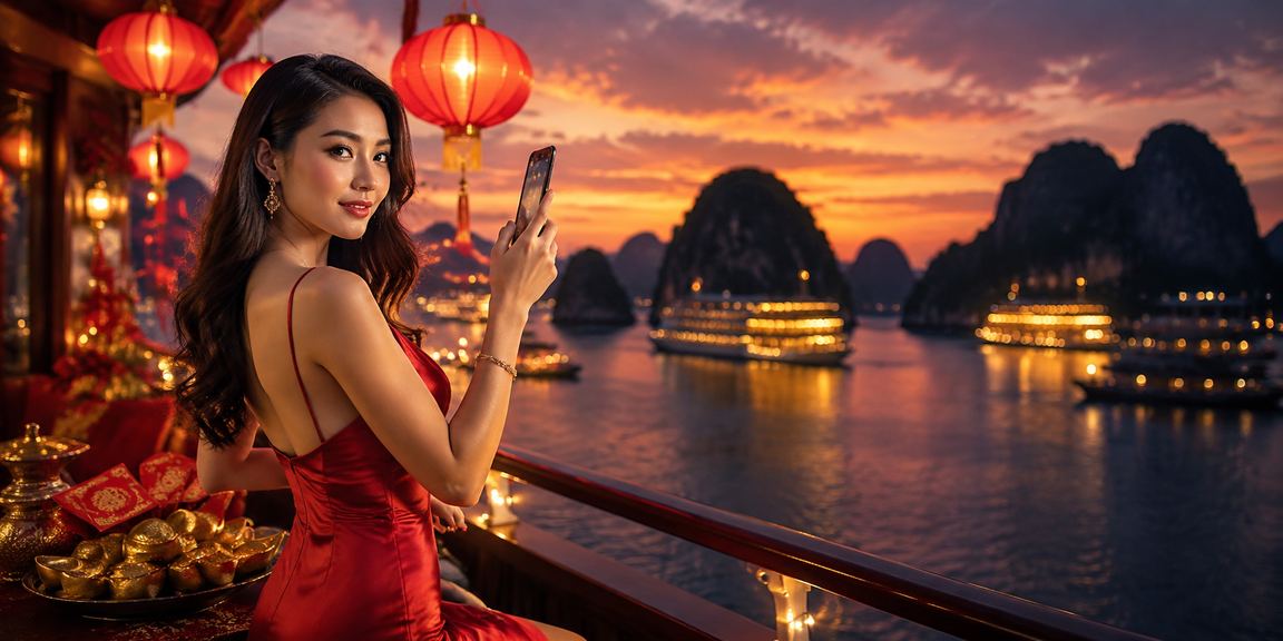 Vịnh Hạ Long về đêm với đèn lồng rực rỡ, biểu tượng cho chương trình ưu đãi và bonus VIP